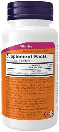 Now Supplements, Vitamin A (Fish Liver Oil) 25,000 Iu, Essential Nutrition, 100 Softgels