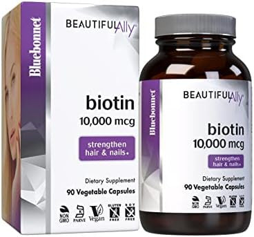 Bluebonnet Nutrition Beautiful Ally Biotin 10000 Mcg Strengthen Hair & Nails Nongmo Vegan Kosher Gluten Soy 90 Vegetable Capsules 90 Servings