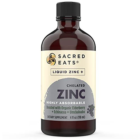 Sacred Eats Liquid Zinc (Glycinate Chelate) With Organic Elderberry & Echinacea (High In Quercetin) 4-In-1 Immune Suport Supplement For Adults & Kids Great Tasting Alcohol & Gluten Free Non Gmo (4.0 Oz)