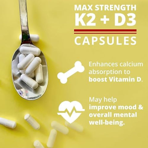 Dr. Boz K2+D3 Capsules 66 Servings Vitamin D3 K2 Supplement with BioPerine Bone and Heart Health Enhanced Absorption Quality Tested Made in the USA 5000iu (D3) 4000iu (K2) Self Care