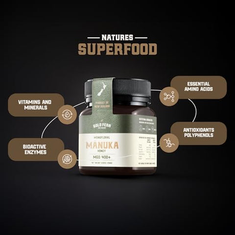 Gold Fern Honey - Raw New Zealand Manuka Honey Medical Grade | 8.8oz Monofloral MGO 400+ | Pure, Natural, Unpasteurized, Unfiltered Superfood, Traceable from Hive to Hand.