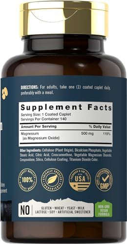 Tahoe Nutritionals Magnesium 500Mg 140 Coated Caplets Non-Gmo And Gluten Supplement