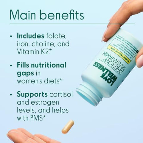 Love Wellness Daily Love Multivitamin For Women Supports Energy Cortisol Immune Health Stress Relief & Pms Complete With Vitamin D C Iron Calcium Zinc & Biotin Magnesium 60 Count