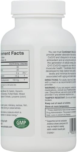 Cardiotabs Ultra Coq10 Coenzyme Supplement For Cardio Health 150 Mg Of Coq10 Ubiquinone Per 2 Softgels W/Safflower Oil & Tocopherols 6X Better Absorption For Brain & Muscle Health 120 Softgels