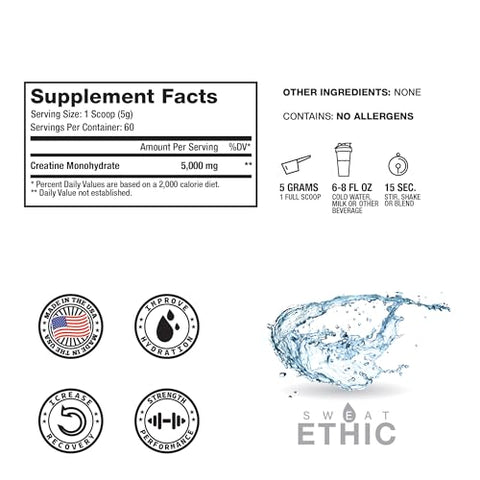 Sweat Ethic Creatine Monohydrate 5 G Creatine Per Serving Unflavored Supports Training & Strength Easily Mixes With Water Or Any Beverage No Fillers Workout Supplement For Men & Women 60 Srvgs