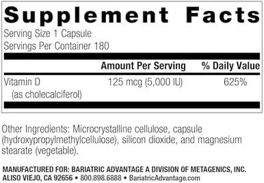 Bariatric Advantage Vitamin D3 5000 Iu Bariatric Vitamin D Watermiscible Bone Strength Support Vitamin D Capsule Easy Swallow Capsule For Bariatric Patients 180 Count