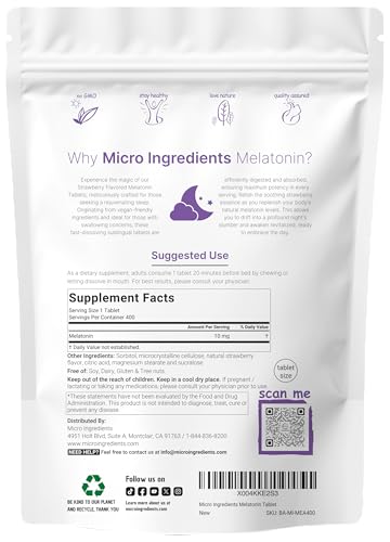 Micro Ingredients Melatonin 10Mg 400 Tablets Natural Strawberry Flavor Fast Dissolve No Drug Vegetarian Friendly Non-Gmo No Gluten Sugar Free