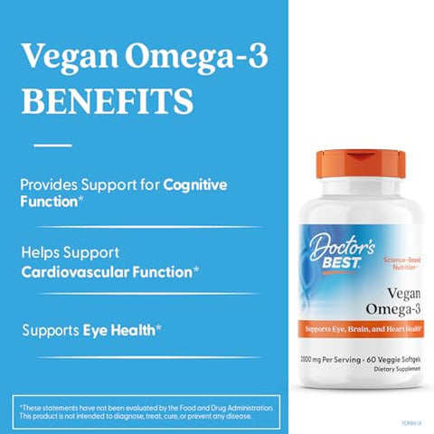 Doctor'S Best Doctors Best Vegan Omega-3 Epa Dha From Algae - Vegan Plant Based Omega 3 Supplement For Women & Men Supports Memory Brain & Cardiovascular Health Non Gmo Gluten Free 60 Veggie Softgels