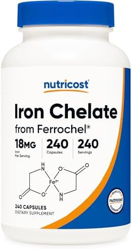 Nutricost Chelated Iron (From Ferrochel) 18Mg 240 Capsules Gluten Non Gmo Iron Chelate Supplement