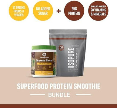 Isopure Build Your Smoothie Chocolate Bundle Dutch Chocolate Low Carb Protein Powder (14 Servings) And Amazing Grass Greens Chocolate Blend Superfood (30 Servings)