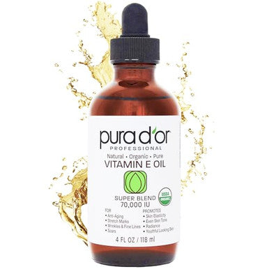 Pura D'Or 4 Oz Organic Vitamin E Oil Blend 70000 Iu - 100% Natural Hexane Sweet Almond Apricot Jojoba Argan Rosehip Sunflower & Avocado Bath Oil For Scars Skin Face & Full Body