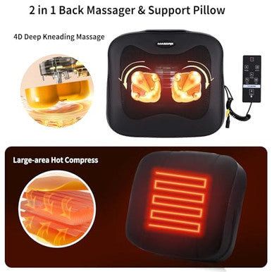 Masgre 2 In 1 Back Massager And Lumbar Support Pillow With Heat Shiatsu Massagers Deep Tissue Kneading Massage Pillows For Lower Back Leg Shoulder Pillow For Office Chair s For Mom Dad Women Men