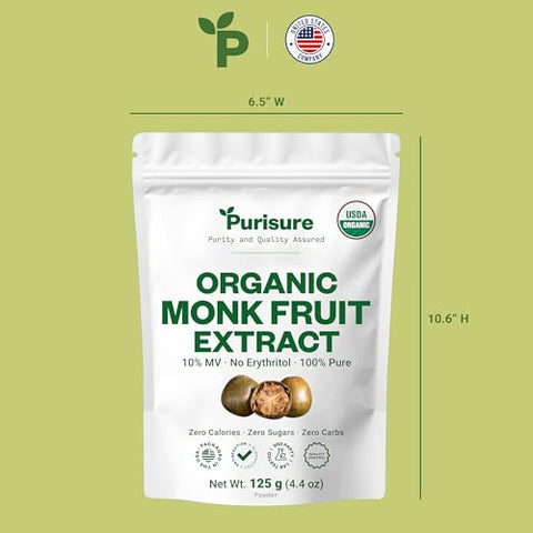 Organic Monk Fruit Extract Powder, 125g (4.41oz), No Fillers Pure USDA Organic Monk Fruit Extract Sweetener with No Aftertaste, Zero Calorie & Zero Carbs, Keto & Paleo Friendly 403 Servings