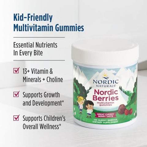 Nordic Naturals Nordic Berries Cherry Berry - 120 Gummy Berries - Great-Tasting Multivitamin For Ages 2 - Growth Development Optimal Wellness - Non-Gmo Vegetarian 30 Servings
