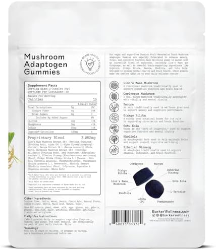 Barker Wellness Co Mushroom Adaptogen Gummies For Memory & Focus Brain Health Supplement With Lion'S Mane Cordyceps Cognizin Nootropics Vegan Sugar Passion Fruit Watermelon Flavor 60 Count