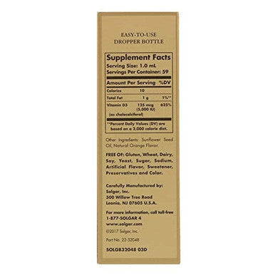 Solgar Liquid Vitamin D3 125 Mcg (5 000 Iu) - 2 Fl Oz - Delicious Natural Orange Flavor - Helps Maintain Healthy Bones & Teeth - Immune System Support - Gluten Free Dairy Free Kosher - 59 Servings
