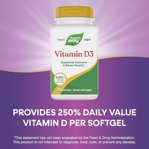 NatureS Way Vitamin D3 Extra Strength(1) Supports Bone Health And Immune Function 2000 Iu (50 Mcg Per Serving) 240 Softgels (Packaging May Vary)