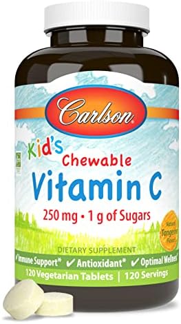 Carlson Kid's Chewable Vitamin C 250 mg 1 g of Sugars Immune Support and Optimal Wellness Antioxidant Tangerine 120 Vegetarian Tablets