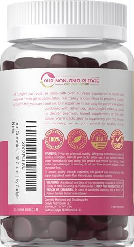 Carlyle Iron Gummies Plus B-Complex Vitamins 60 Vegan Gummies Grape Flavor Non-Gmo, Gluten Supplement