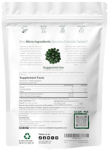 Micro Ingredients Organic Spirulina Chlorella Mini Tablets 2500 Tablets (8 Month Supply) 50/50 Blend Superfood Cracked Cell Wall For Better Absorption Rich In Vegan Protein & Chlorophyll