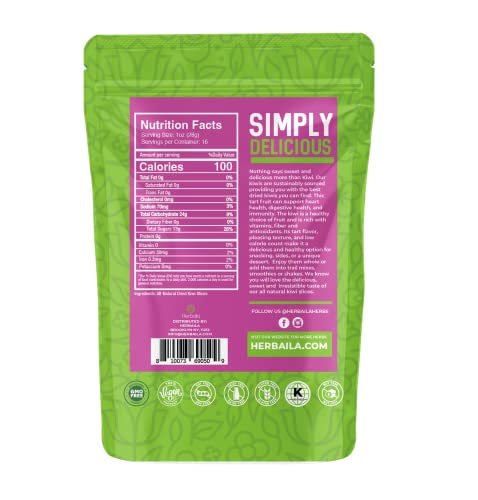 Herbaila Dried Kiwi Fruit Slices, 1 Pound. Dried Kiwis Fruit, Dehydrated Kiwi Slices, Kiwi Dried fruit. All Natural, Non-GMO, Lightly sweetened Dried Kiwifruit Slices. 16 Ounces.