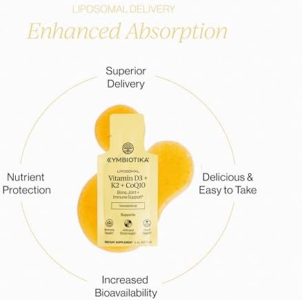 CYMBIOTIKA Liposomal Vitamin D3 + K2 + CoQ10 Liquid Supplement Enhanced Absorption Joint + Bone Health Immune Support Heart Health Gluten Free Soy Free PlantBased 28 5 mL Packets