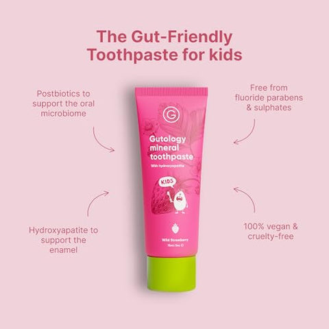 Gutology Kids Natural Probiotic Hydroxyapatite Toothpaste Fluoride Free Toothpaste Remineralising Enamel Repair Suitable For Children 2 Helps Sensitive Teeth - Wild Strawberry Flavour 3Oz