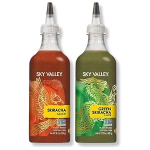 Sky Valley Sriracha Sauce Bundle (Green and Red Sriracha Sauce) - Hot Sauce, Lime, Red Jalapeno Peppers, Vegan, Gluten Free, Non-GMO, Low Sugar, 5 Calories per Serving - Variety, 18.5 Oz, (Pack of 2)