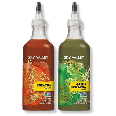 Sky Valley Sriracha Sauce Bundle (Green and Red Sriracha Sauce) - Hot Sauce, Lime, Red Jalapeno Peppers, Vegan, Gluten Free, Non-GMO, Low Sugar, 5 Calories per Serving - Variety, 18.5 Oz, (Pack of 2)