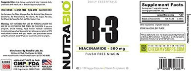Nutrabio Niacinamide Supplement for Normalized Blood Lipids Better LDL & HDL Levels Flush Vitamin B3 500mg - 120 Vegetable Capsules
