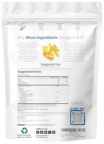 Micro Ingredients Ultra Omega 3-6-9 3600Mg Per Serving 300 Burpless Softgels Lemon Flavor Blend Of Fish Flaxseed Borage Oils Bioavailable Source Non-Gmo No Gluten Mercury Free