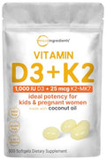 Micro Ingredients Vitamin D3 1000 Iu K2 Mk-7 25 Mcg 300 Softgels Virgin Coconut Oil 2-In-1 Bone Immune & Heart Support Easy To Swallow Non-Gmo