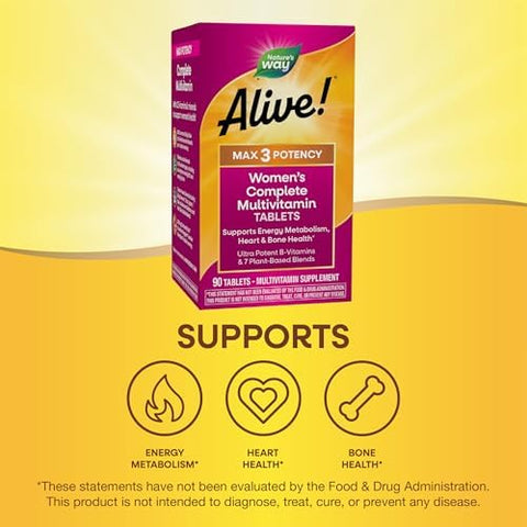 NatureS Way Alive Max3 Potency WomenS Complete Multivitamin Supports Energy Metabolism Heart and Bone Health With BVitamins Including Methylated B12 And Folate 90 Tablets