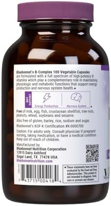 Bluebonnet Nutrition B Complex Complete Full Spectrum Vitamin B6 B12 Biotin Folate Vegan Vegetarian Gluten Soy & Milk Kosher 100 Count