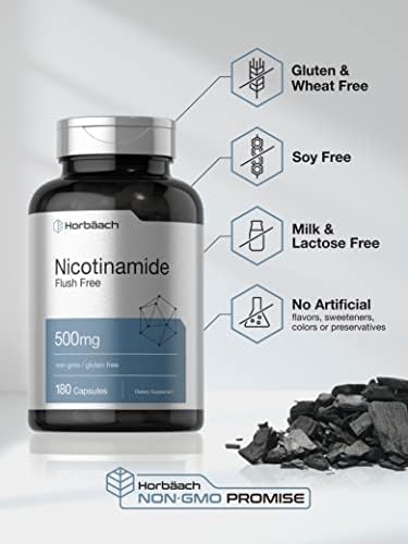 Horbaach Nicotinamide 500mg 180 Capsules Flush Free Dietary Supplement NonGMO and Gluten Free Vitamin