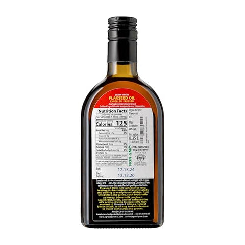 Flax Seed Cooking Oil - Amber Glass Bottle - Extra Virgin, Cold Pressed Flaxseed Oil Unrefined and Non-Deodorized Pure Essential 11.83 OZ