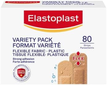 Elastoplast Fabric And Plastic Adhesive Bandages Variety Pack (80 Strips), Flexible & Water-Resistant Bandage With All-Around Adhesion, Ideal For First Aid Kit {Imported From Canada}
