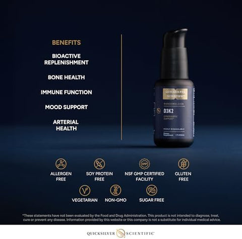 Quicksilver Scientific Nanoemulsified D3K2 Emulsified Liquid Vitamin D3 + K2 MK7 Liposomal Supplement for Heart Bone Health + Immune Support Bioactive 2500IU for Enhanced Absorption (1.7oz/50ml)