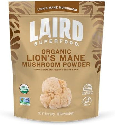 Laird Superfood Organic Lions Mane Mushroom Powder For Cognitive Function And Immune Support 3.17 Oz. Bag Pack Of 1