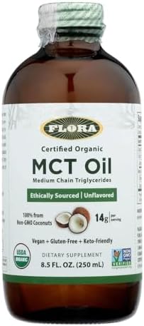 Flora Health Mct Oil Organic Energy Boost C8 Caprylic & C10 Capric Acids Keto Kosher Nongmo Verified 100% From Ethically And Sustainably Sourced Coconuts 17 Fl Oz Liquid Glass Bottle