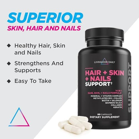 Livingood Daily Hair Skin & Nails Supplement 14-In-1 Formula With Biotin Collagen Keratin Bamboo Selenium Folate B12 Zinc And More Beauty Supplement For Women & Men Gluten 60 Capsules