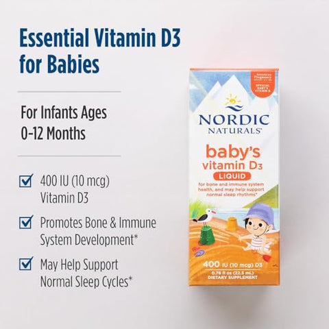 Nordic Naturals Baby S Vitamin D3 Unflavored - 0.76 Oz - 400 Iu Vitamin D3 - Healthy Bones Immune System Support Normal Sleep Rhythms - Non-Gmo Certified Vegetarian 90 Servings