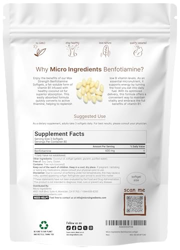 Micro Ingredients Vitamin B1 Benfotiamine 600Mg Per Serving 240 Coconut Oil Softgels Bioavailable B Vitamins Supplement Converted To Active Thiamine Non-Gmo Soy Free