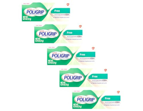 Poligrip (Pack Of 5) Super Denture Adhesive Cream - Strong All-Day Hold Zinc No Artificial Flavors Or Colors - 0.75 Oz Each