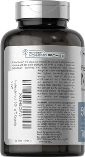 Horbaach Niacin 500mg Flush Free 70 Capsules Vitamin B3 Inositol Hexanicotinate NonGMO and Gluten Free