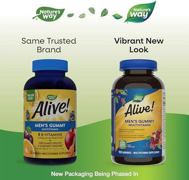 Nature'S Way Alive Men'S Daily Gummy Multivitamin, Supports Energy Metabolism & Muscle Function, B-Vitamins, Gluten-Free, Vegetarian, Fruit Flavored, 150 Gummies (Packaging May Vary)