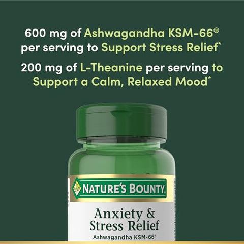 Nature'S Bounty Stress Relief Ashwagandha Ksm-66 Supports Occasional Stress Relief Dietary Supplement 2 Tablets Per Day Vegetarian Tablets Gluten Free 90 Ct