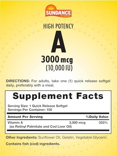 Sundance High Potency Vitamin A Softgels 3000mcg 100 Count Essential Vitamin NonGMO and Gluten Free Supplement