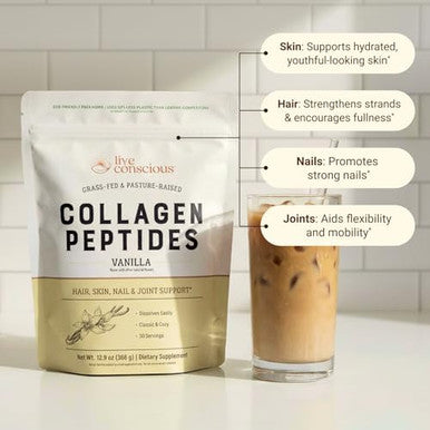 Live Conscious Collagen Peptides Powder - Vanilla Flavored Collagen Powder - Hair Skin Nail & Joint Support - Type I & Iii Grass-Fed Collagen Supplements For Women And Men - 30 Servings 13Oz