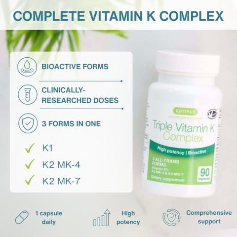 Igennus Full Spectrum Vitamin K Complex K1 and K2 (MK4 and MK7) 90 Capsules All Trans Bioactive Form for Superior Bone and Cardiovascular Support 1aDay Clean Label Vegan